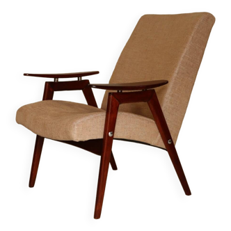 Fauteuil vintage design par J. Smidek chaise design moderne milieu siècle tissu beige