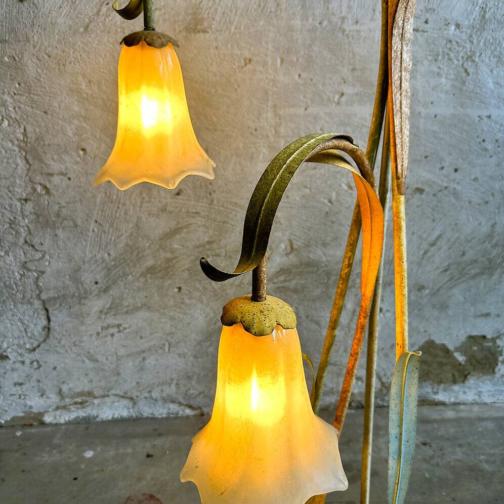 Mid-century elegant toleware floral floor lamp with glass pendants, France 1980
