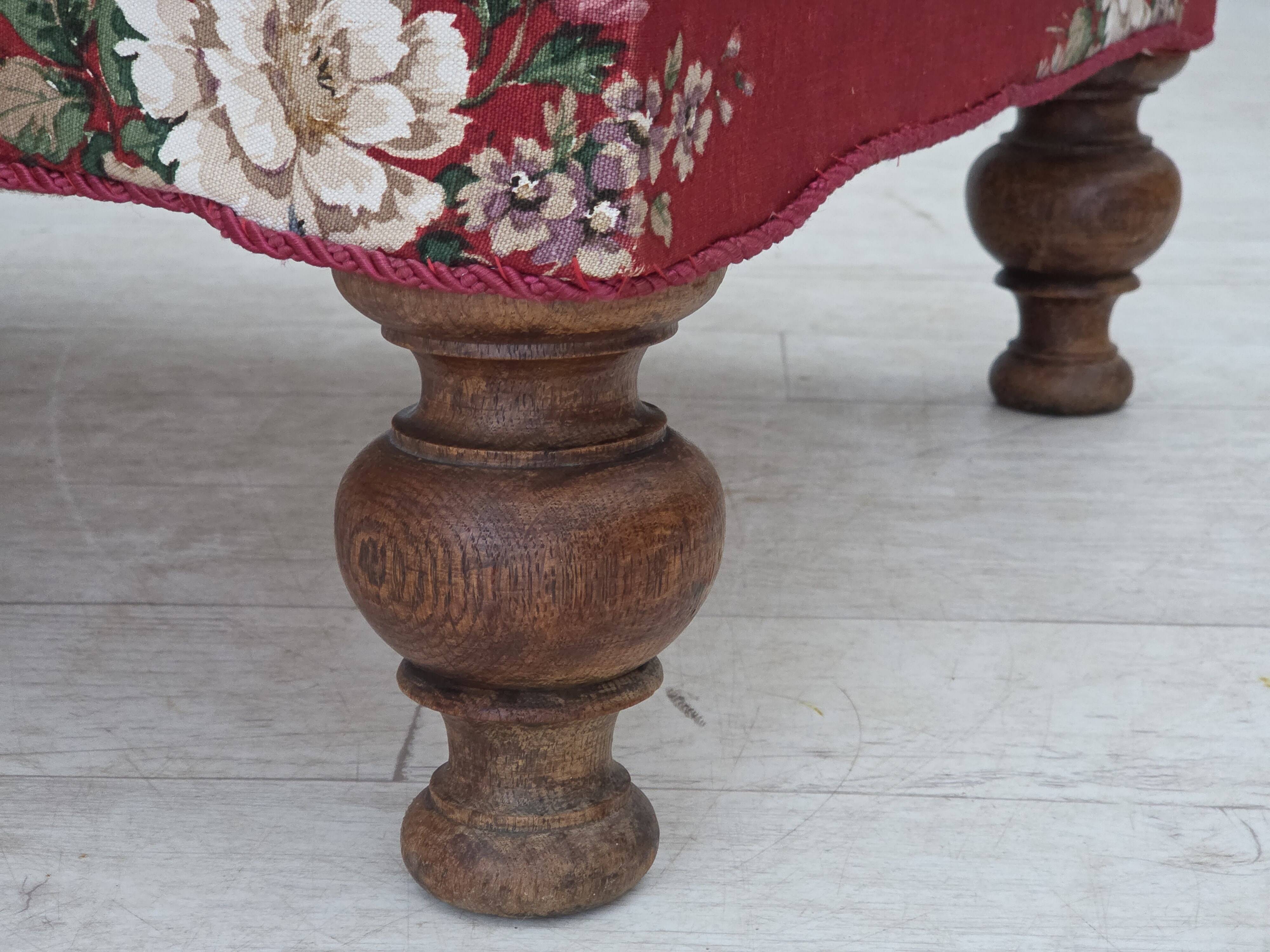 1920-30s, Danish armchair, furniture cotton fabric, hand carved oak wood.