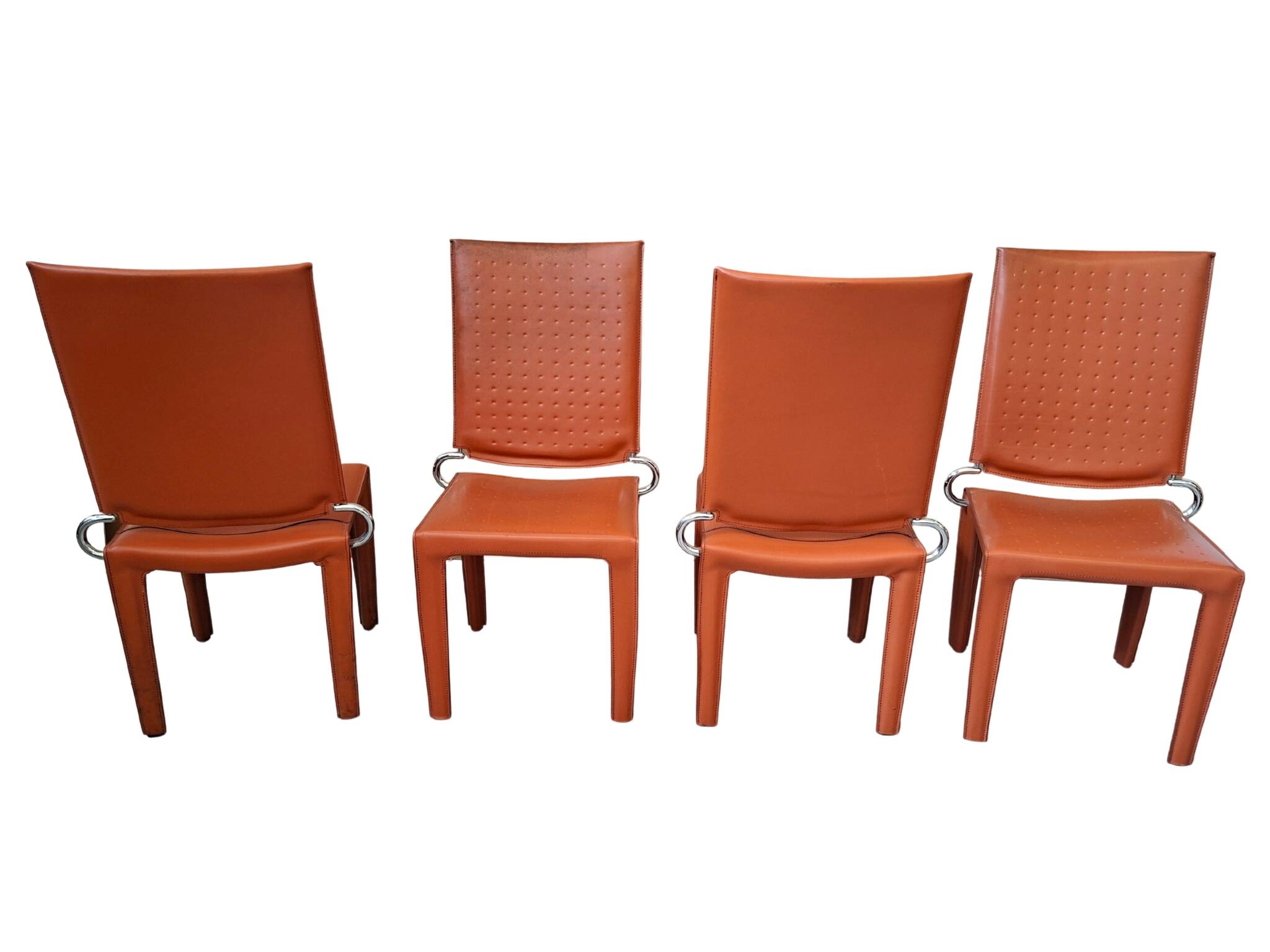 Set di 4 Sedie Design in Cuoio Arancione e Ferro Vintage