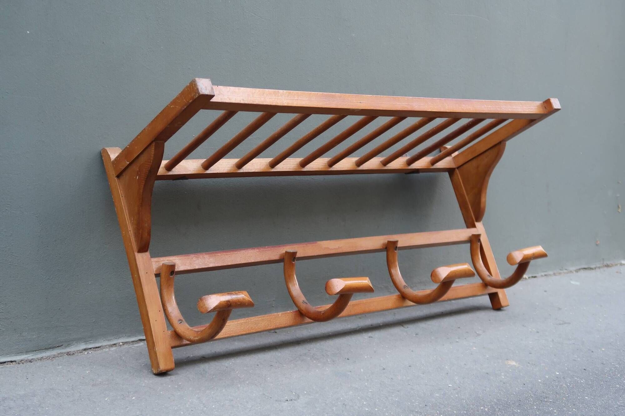 1950s wooden wall coat rack