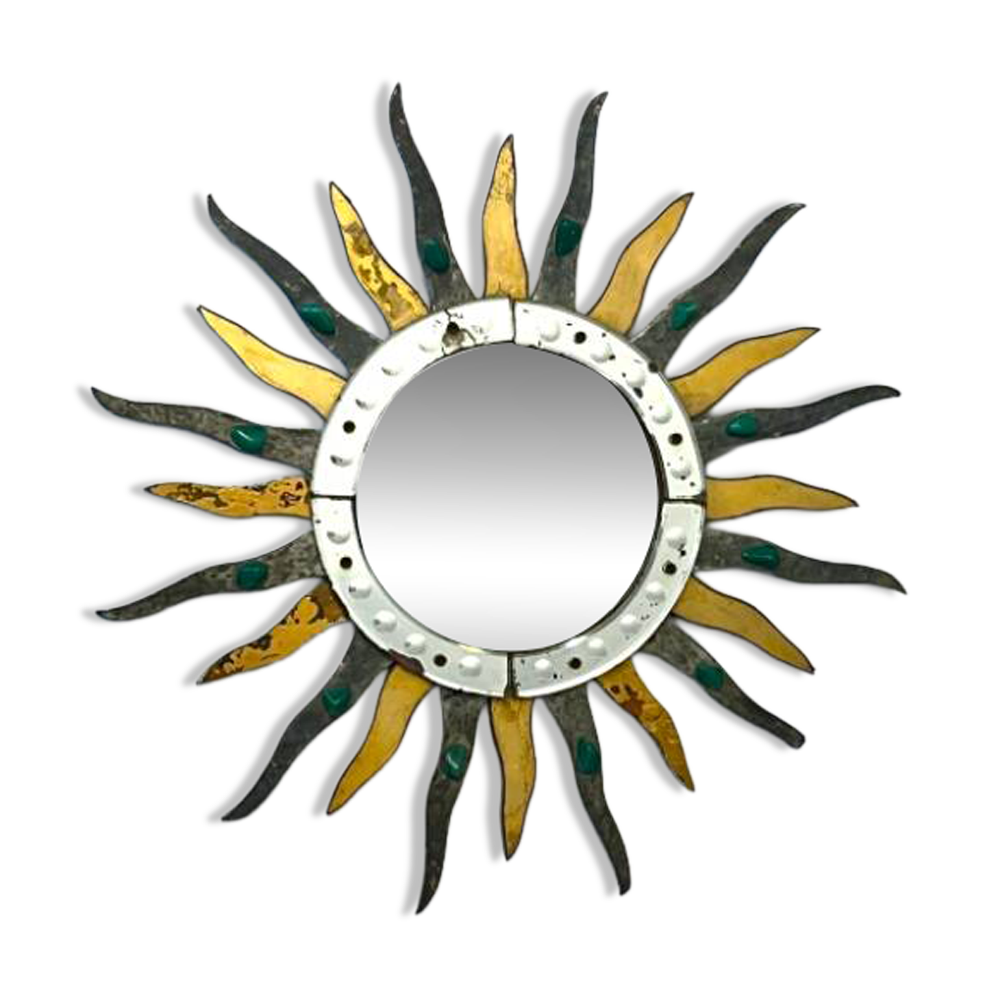 Sun-shaped mirror, wooden frame, circa 1980.
