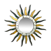 Miroir de forme soleil, encadrement bois, circa 1980