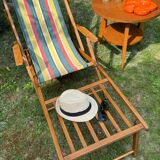 Transat/ chilienne vintage en bois avec repose-pieds — Années 60