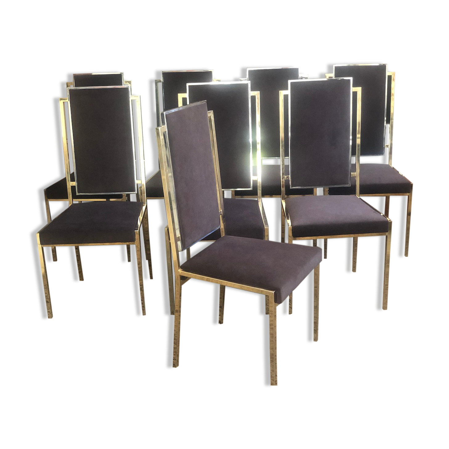 Set of 8 brass and alcantara chairs Romeo Rega 1970