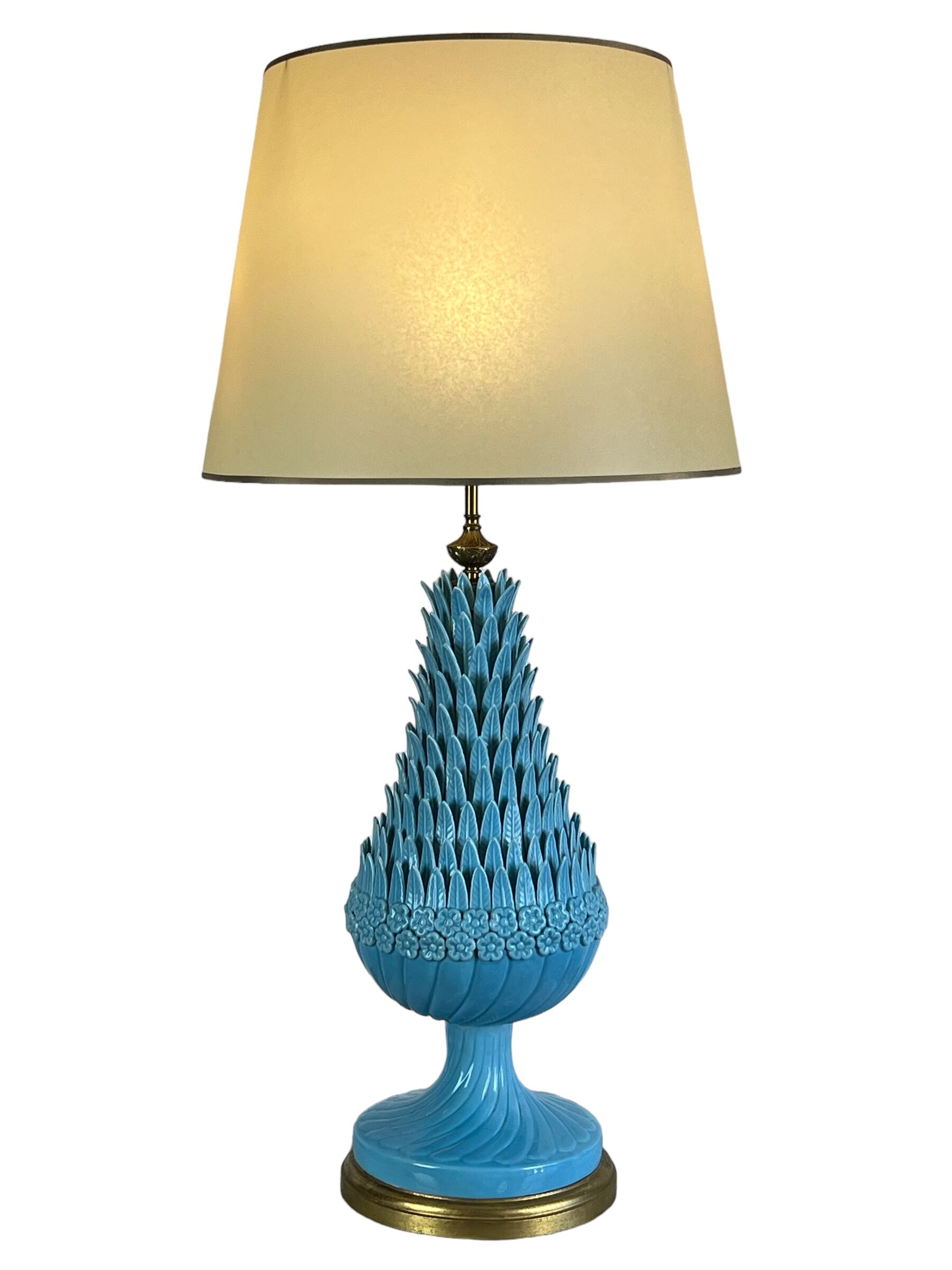 1.05 m pineapple lamp in turquoise ceramic on a gilded wooden base from the 1950s