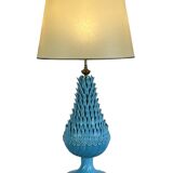 1.05 m pineapple lamp in turquoise ceramic on a gilded wooden base from the 1950s