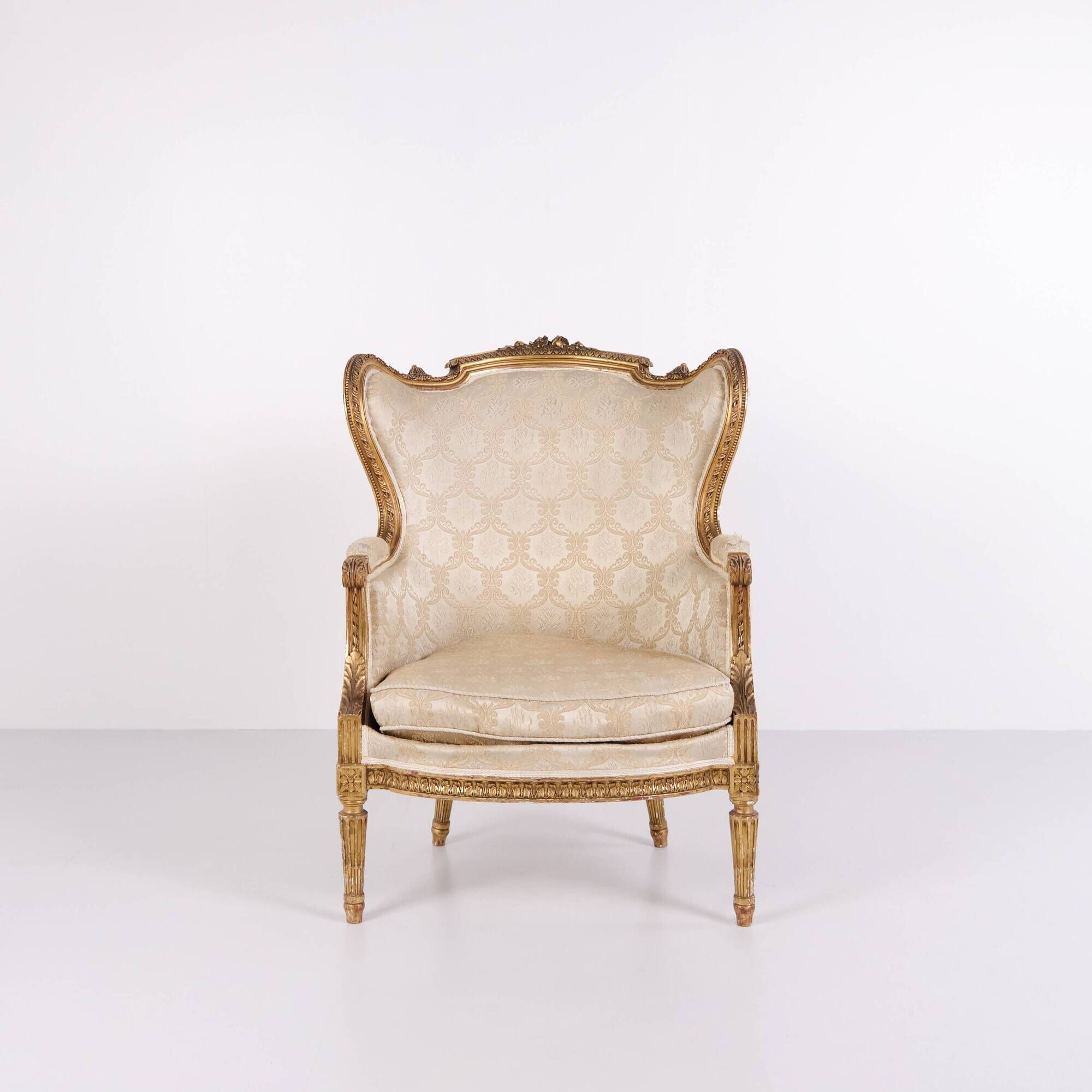 Bergère armchair - Louis XVI style - gilded wood & light fabric - 1860s