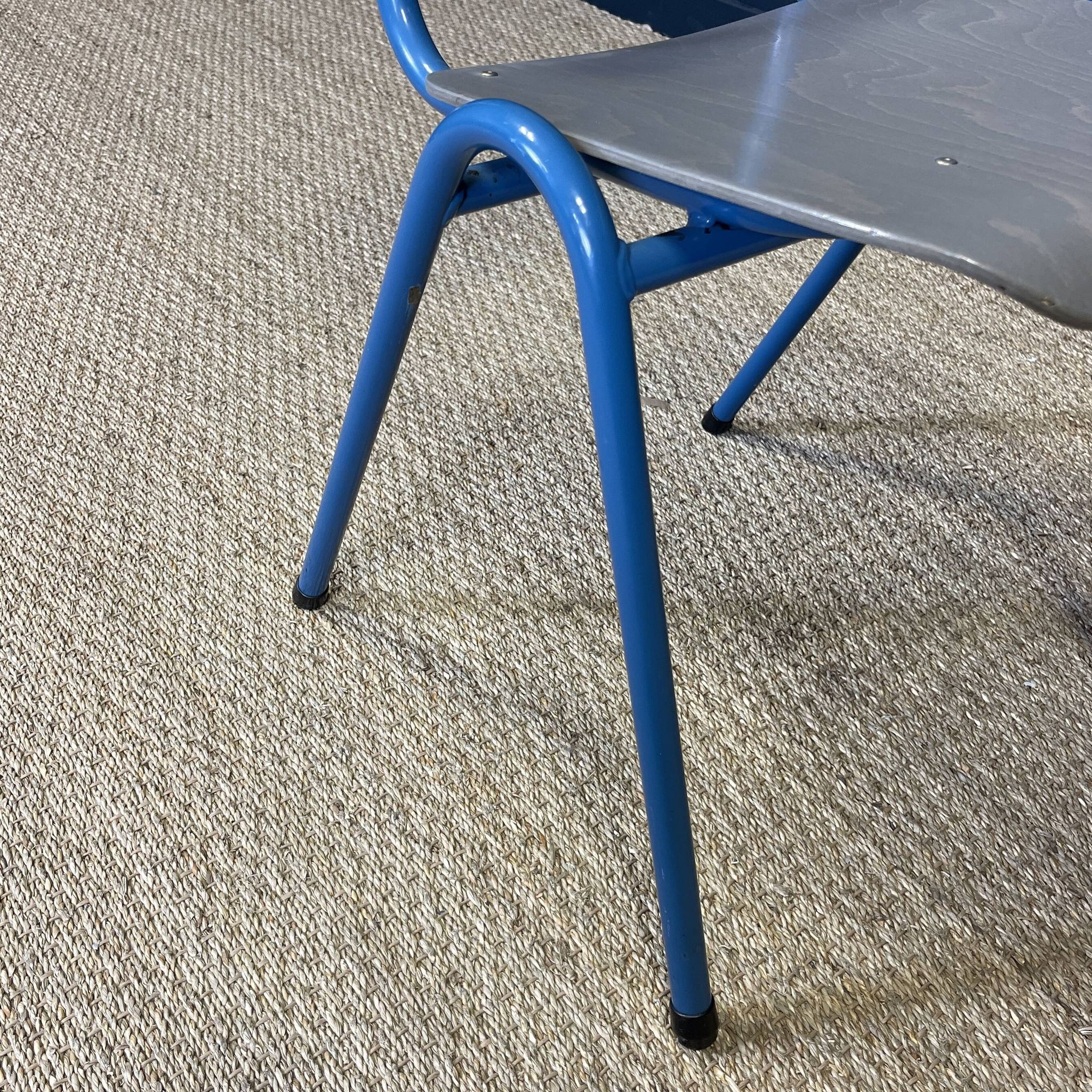 Set of 12 gray wood school chairs with blue feet Netherlands 70s/80s