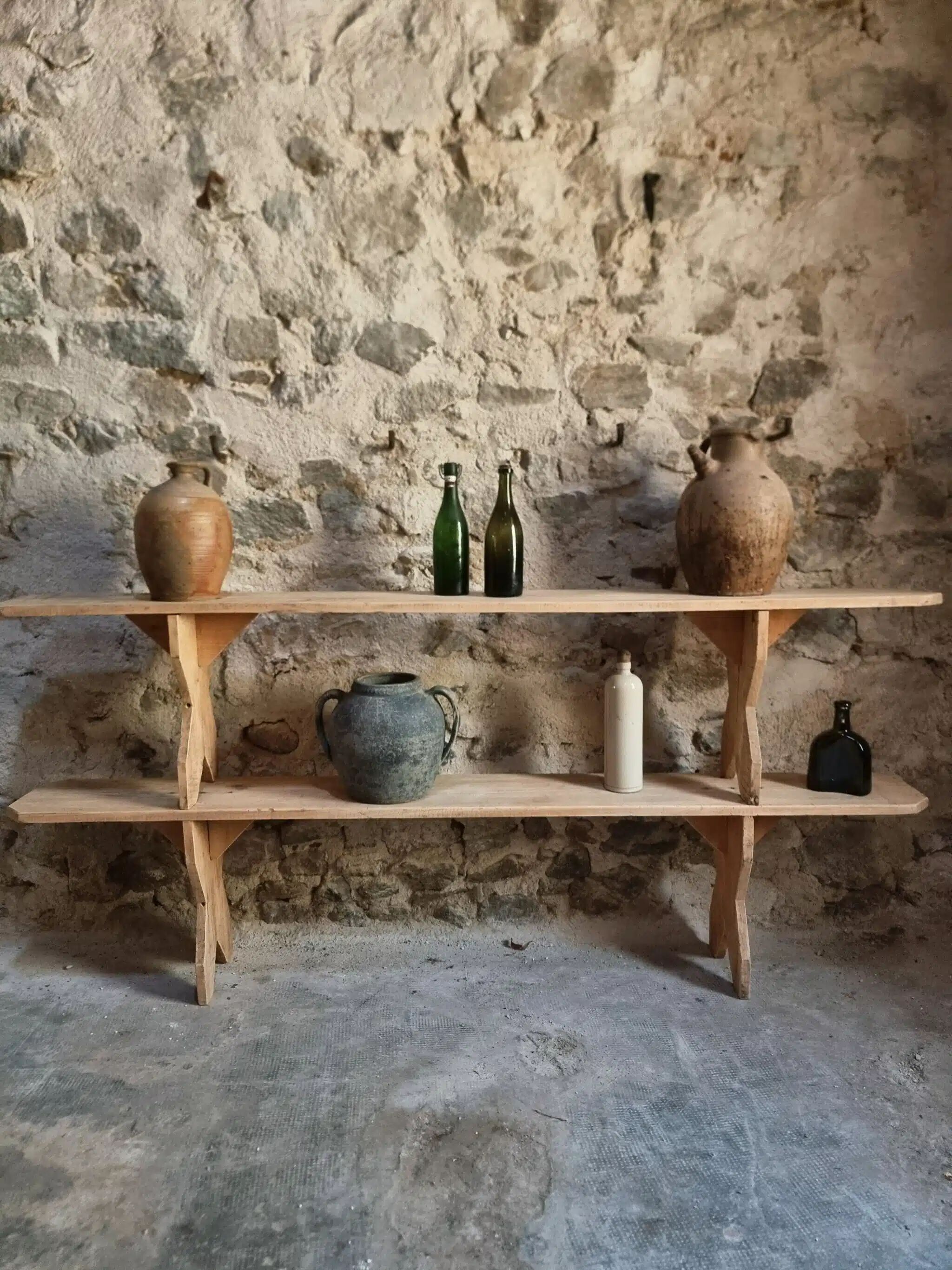 Set of 2 antique French poplar benches, consoles or shelves, circa 1900.