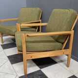 ensemble de fauteuils en tissu vert et bois années 1960