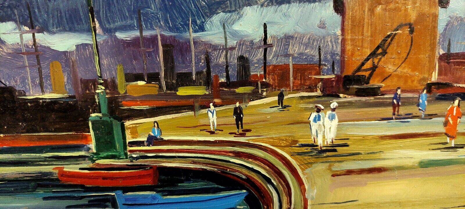 Oil painting Livorno 1975 port boats magnificent