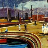 Oil painting Livorno 1975 port boats magnificent