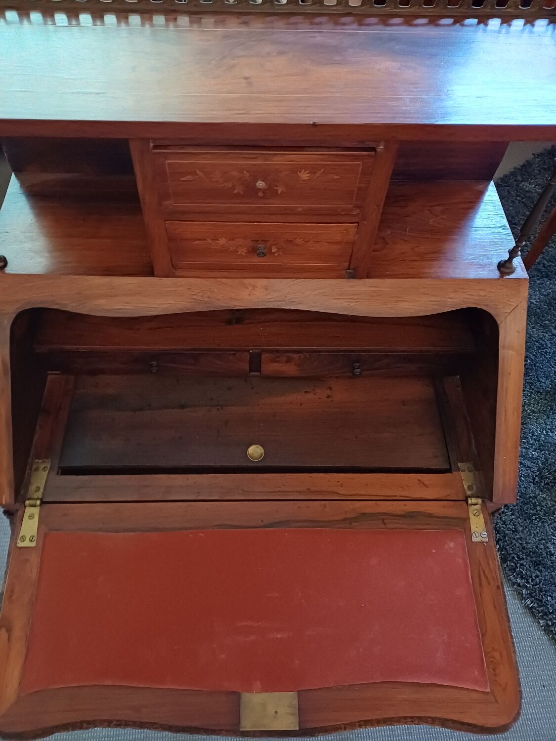 Brown mahogany secretary desk with marquetry