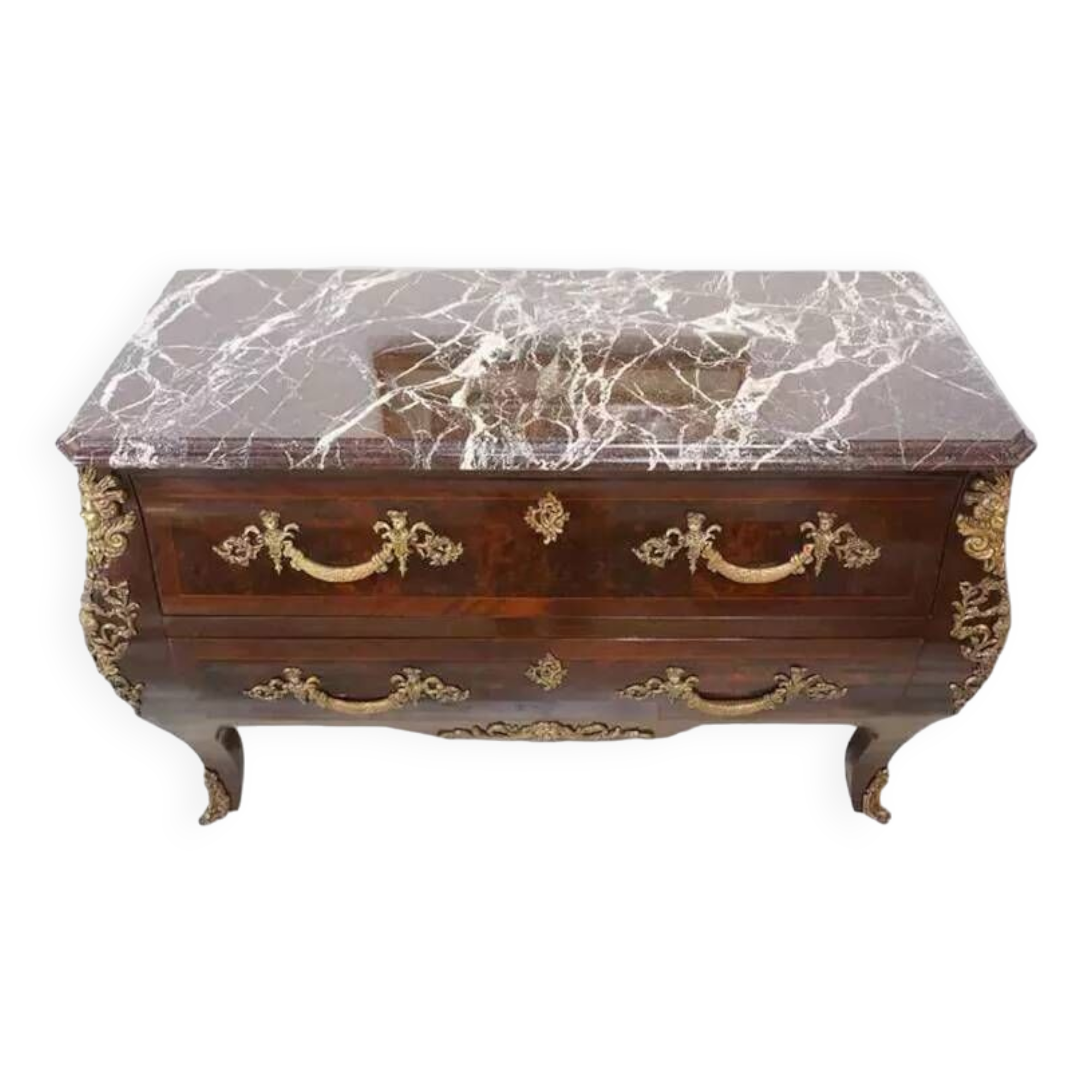 Antique chest of drawers in mahogany, Amboyna burl, red marble and bronze