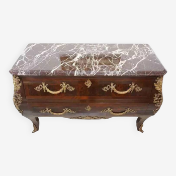 Antique chest of drawers in mahogany, Amboyna burl, red marble and bronze