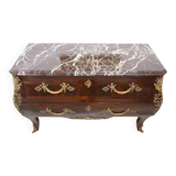 Antique chest of drawers in mahogany, Amboyna burl, red marble and bronze
