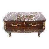 Antique chest of drawers in mahogany, Amboyna burl, red marble and bronze