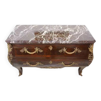 Antique chest of drawers in mahogany, Amboyna burl, red marble and bronze