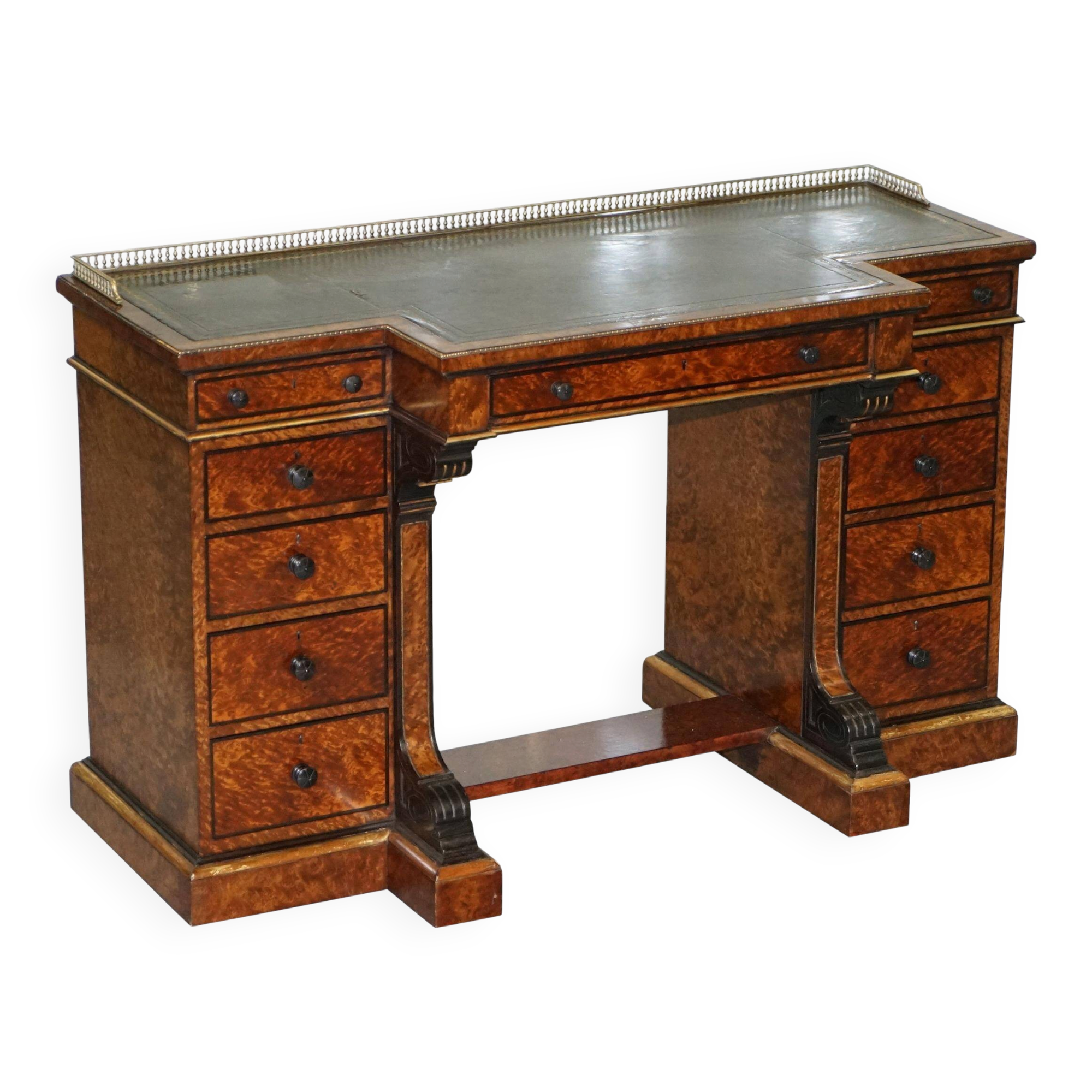Gillow Library Desk in Burr Amboyna with Brass Gallery, circa 1852-1857