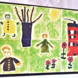 Children's coffee table, 70s with naïve drawing on ceramics, iron frame