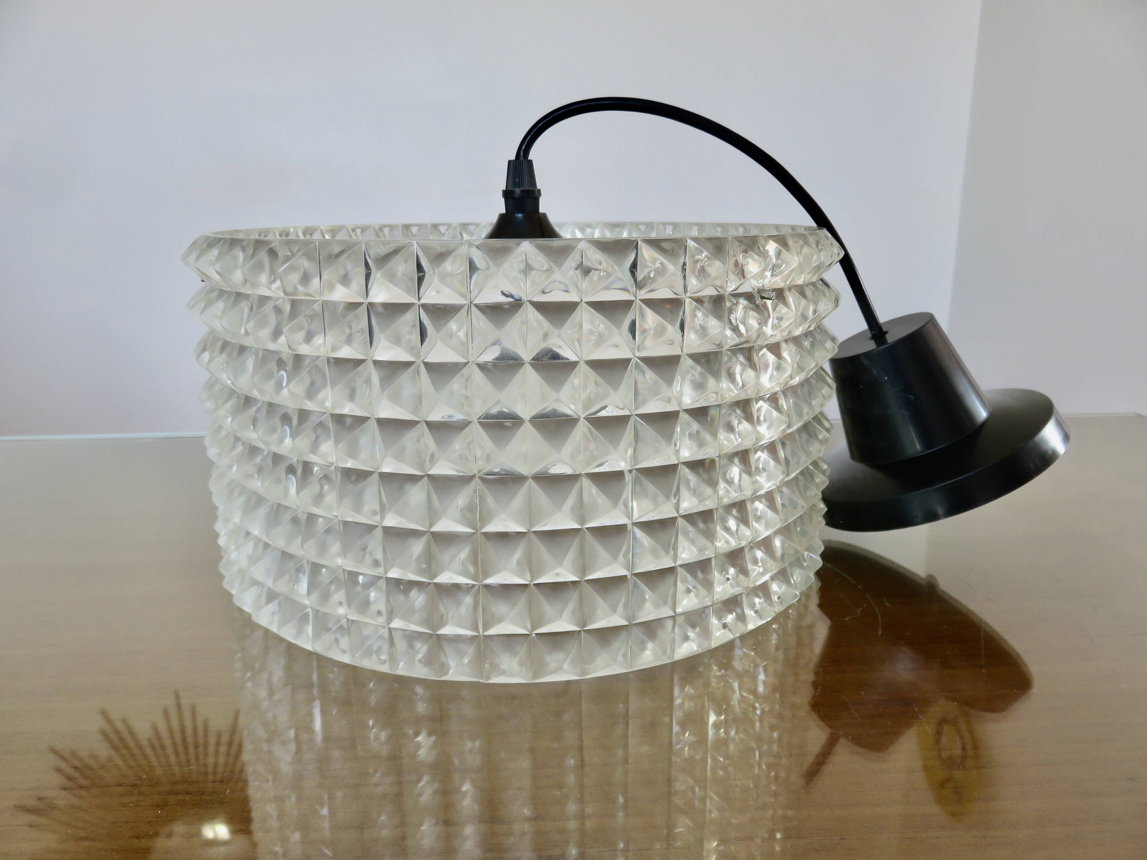 Clear plastic pendant light, diamond point shape, 70s