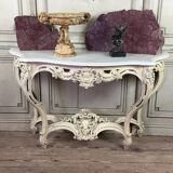Console de style Louis XV patine beige, marbre de Carrare vers 1880