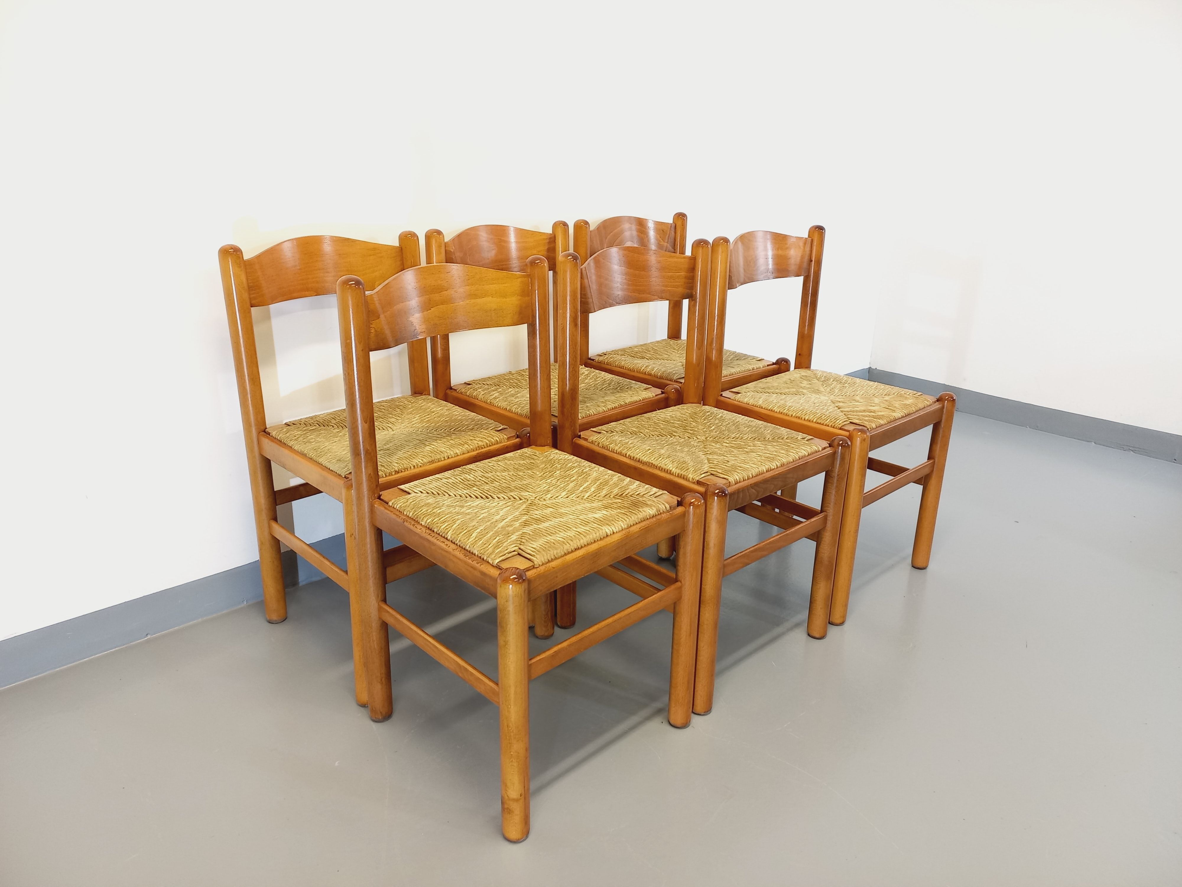 Suite of 6 vintage chairs in light wood and straw from the 70s 80s