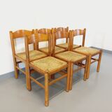 Suite of 6 vintage chairs in light wood and straw from the 70s 80s