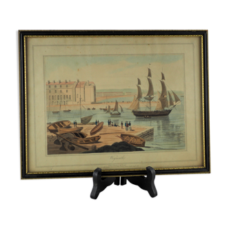 Lithographie vue du port de Weymouth - William Daniell - 19 ème siècle