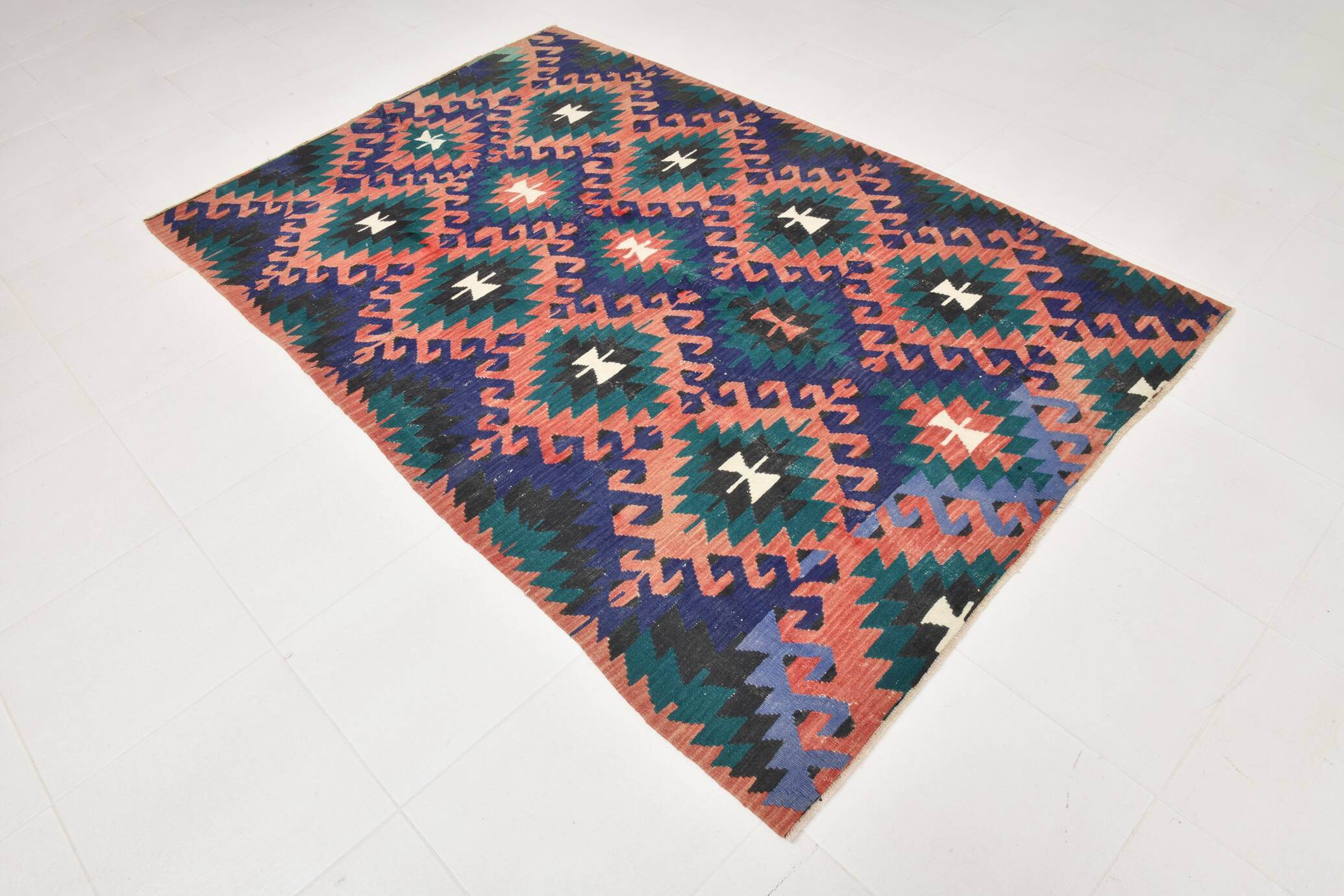 5x8 Blue & Red Geometric Style Vintage Kilim Rug, 158x238Cm