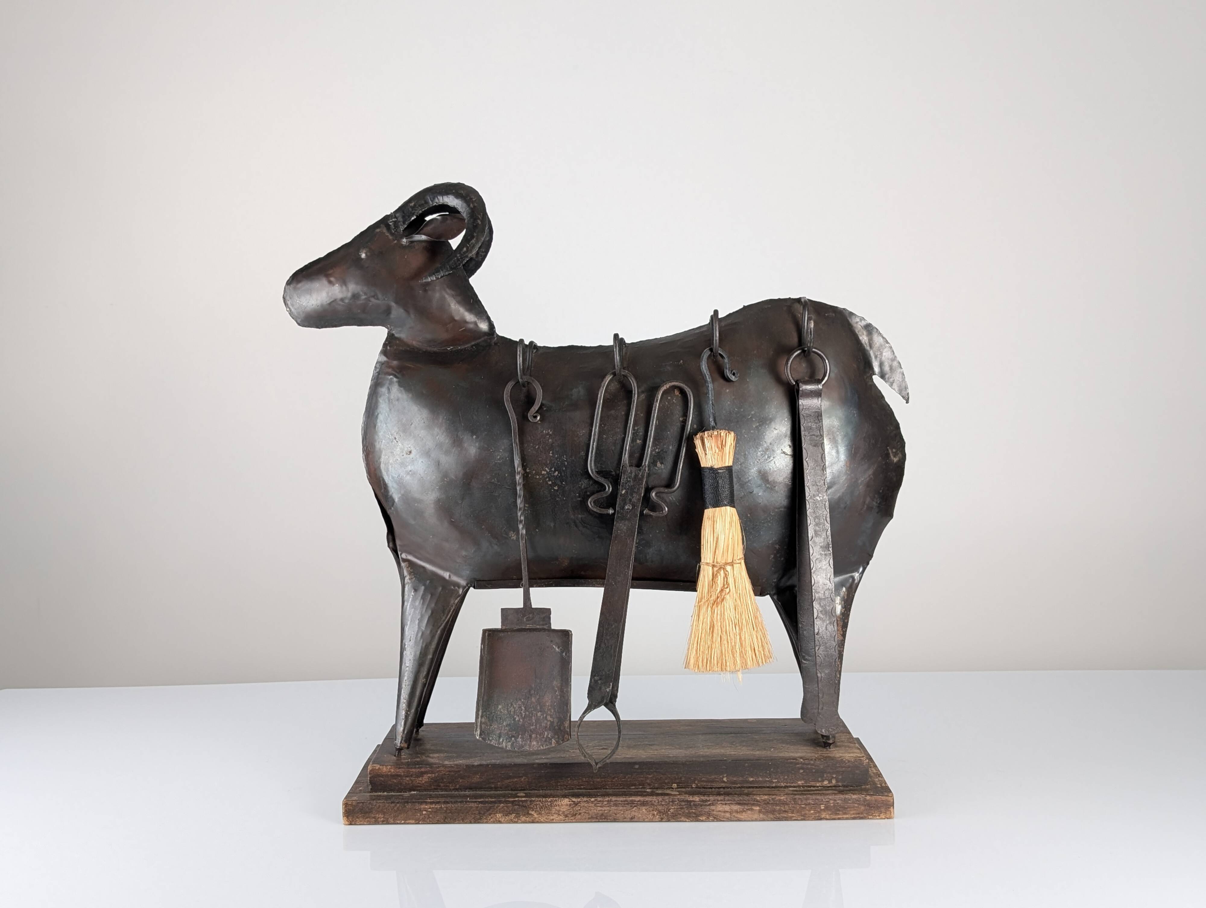 Brutalist Ram Shaped Fireplace Tool Set in Hand Forged Metal