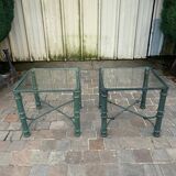 Pair of verdigris metal and glass side tables