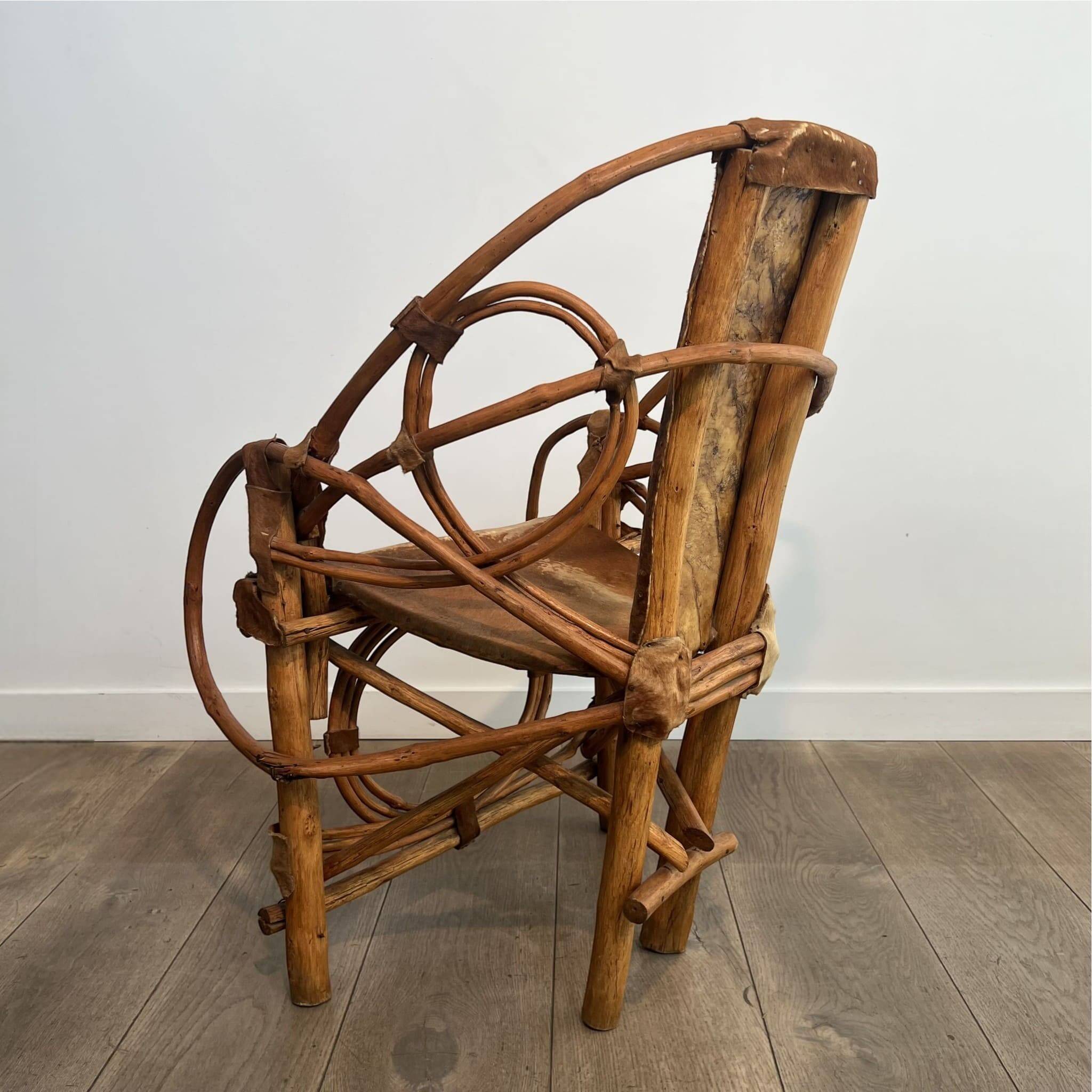 Organic Modernist Armchair in Rattan and Cowhide, Italian Work, A