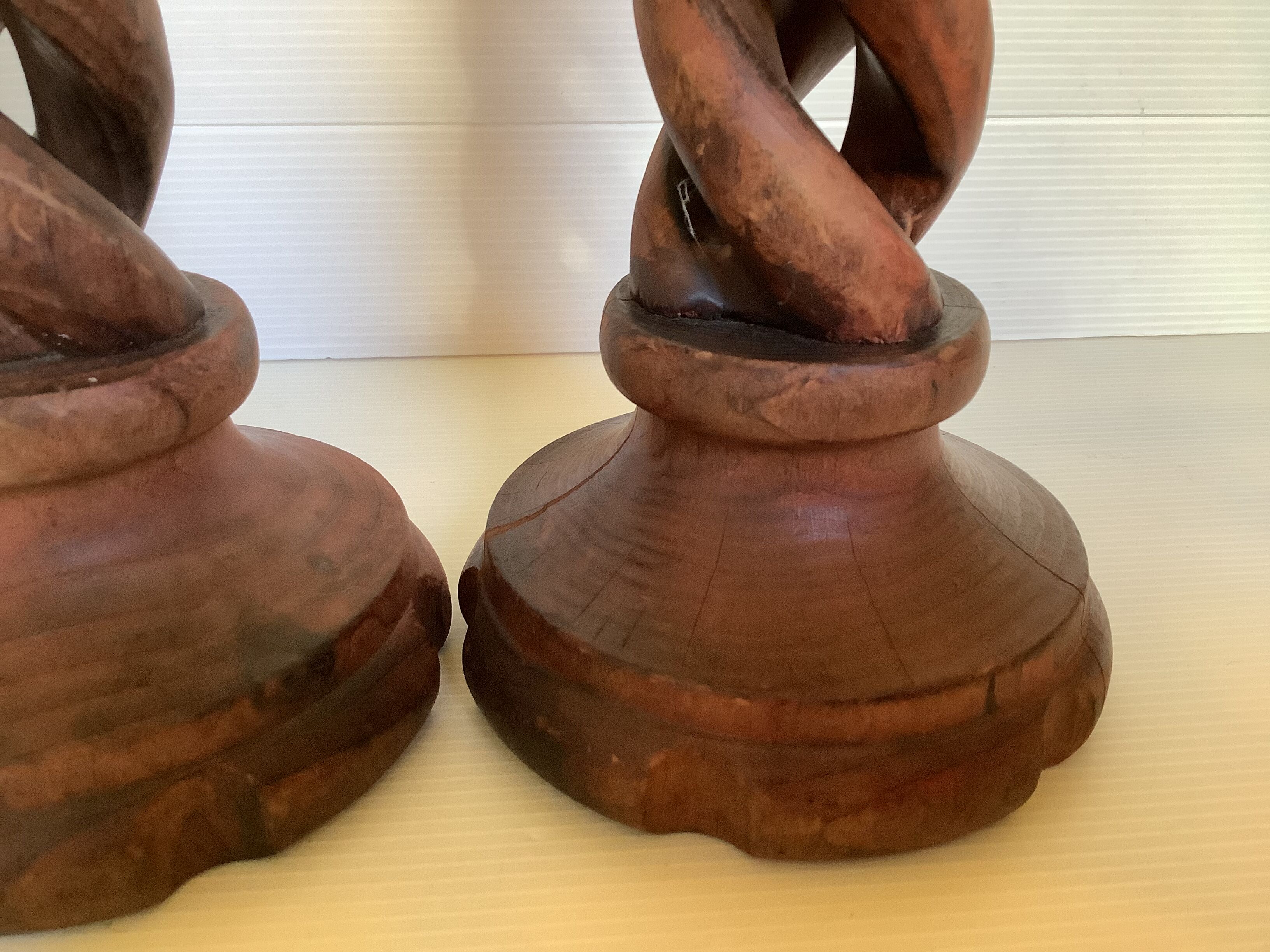 Pair of candlesticks picnic candle in twisted turned wood