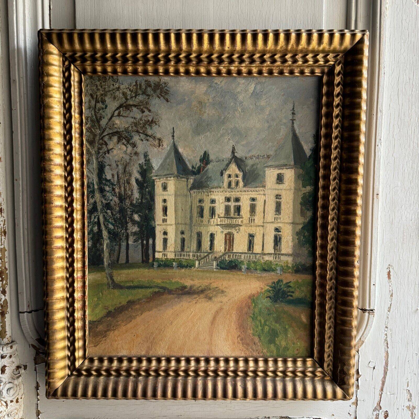 Oil on cardboard representing a property in the early 20th century, gilded frame