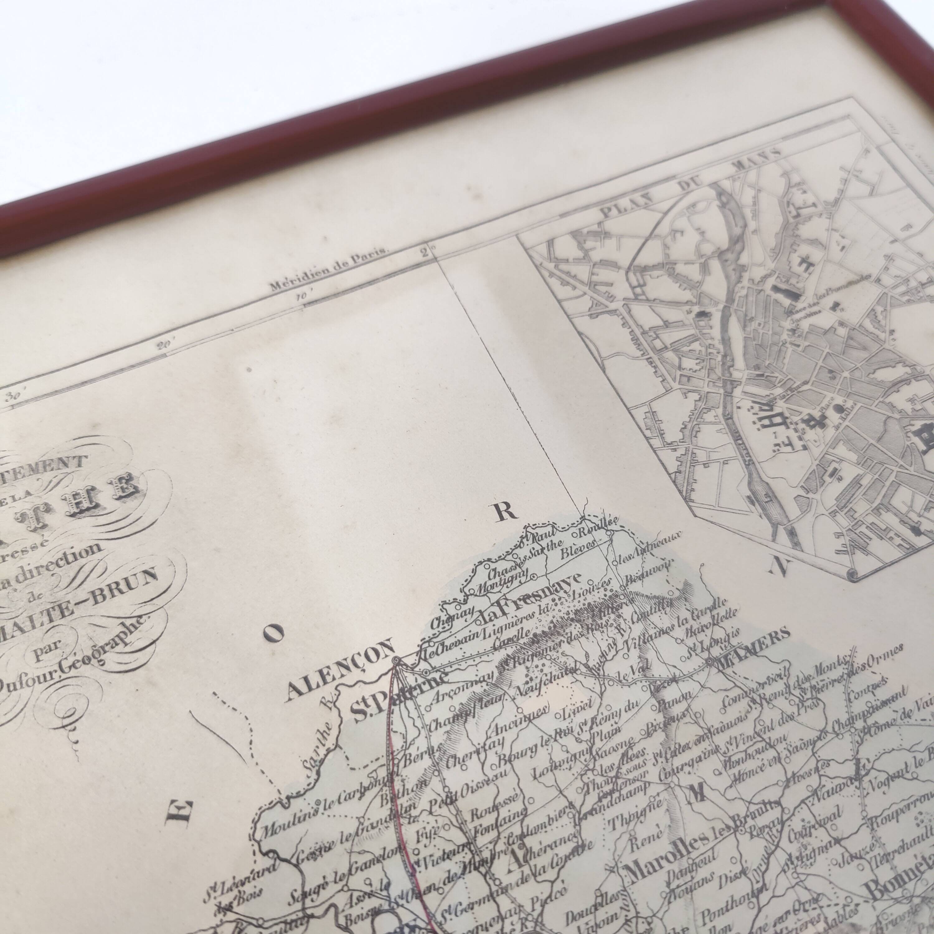 Engraved map of Sarthe wooden frame old plan of Le Mans