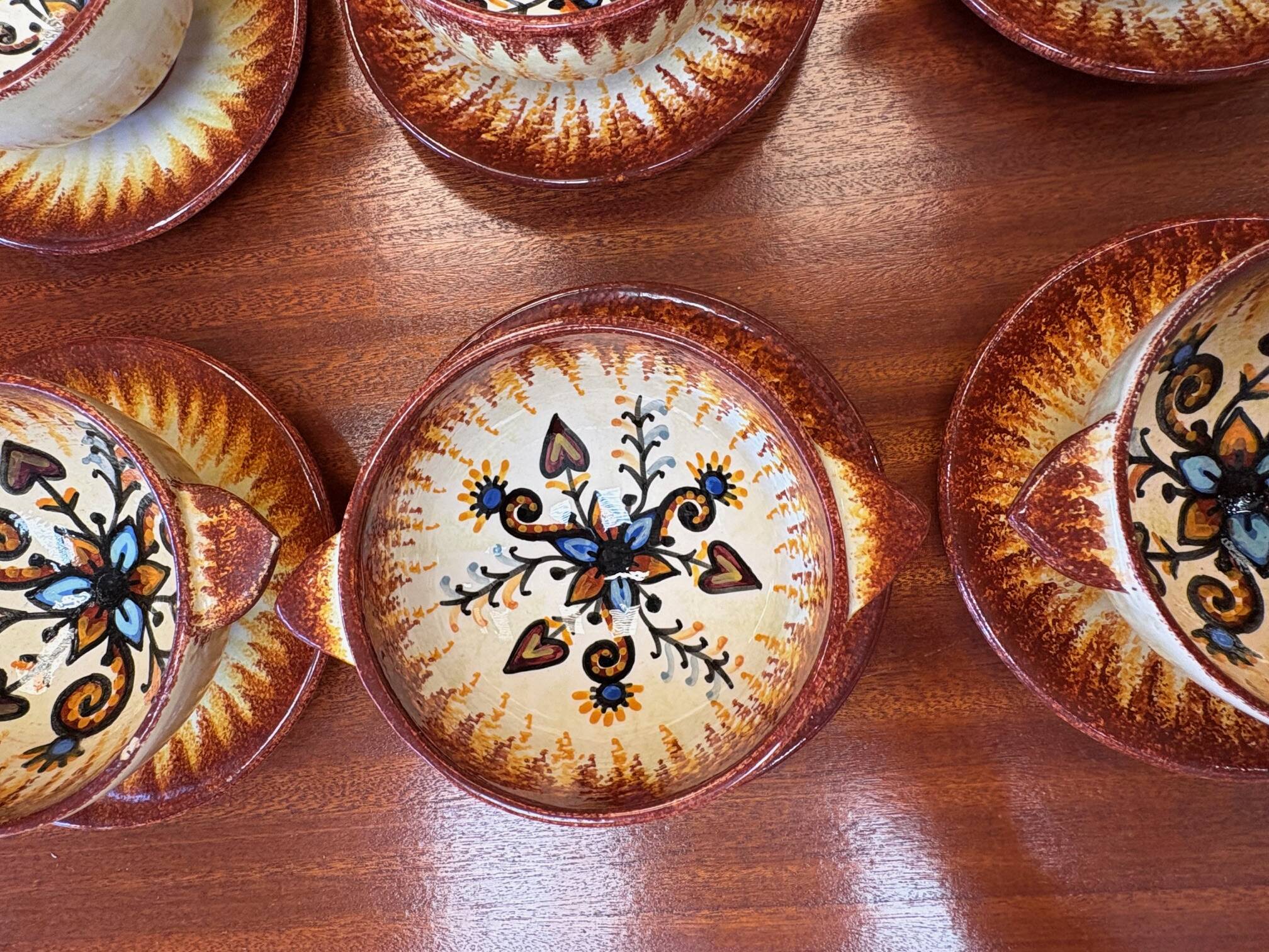 Set of 12 ear bowls with saucers – Quimper earthenware – P. Fouillen