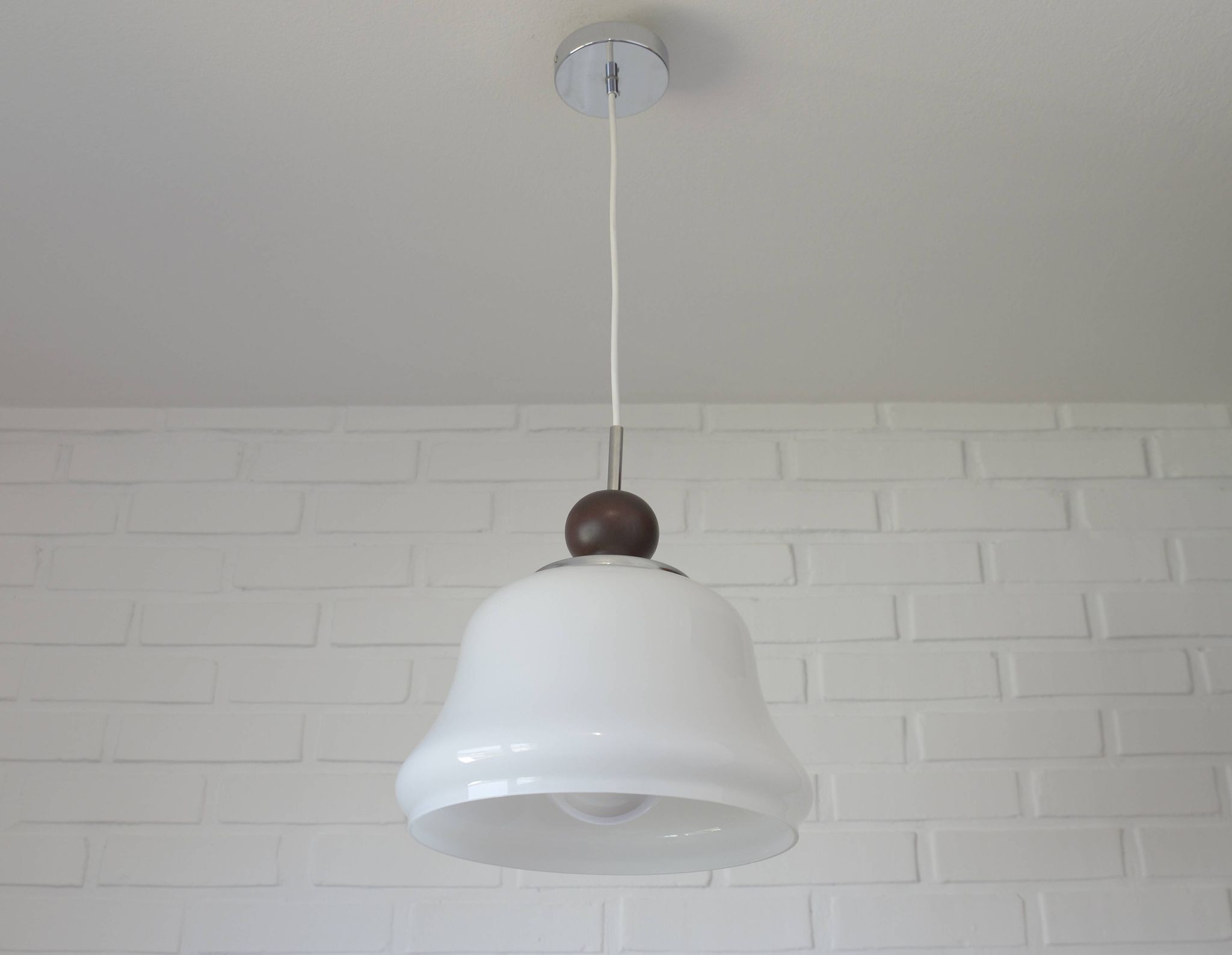 1 of 2 vintage white glass pendant light MCM hanging lamp Yugoslavia 1970's