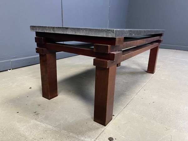 Table basse vintage en bois avec plateau en pierre, années 1970