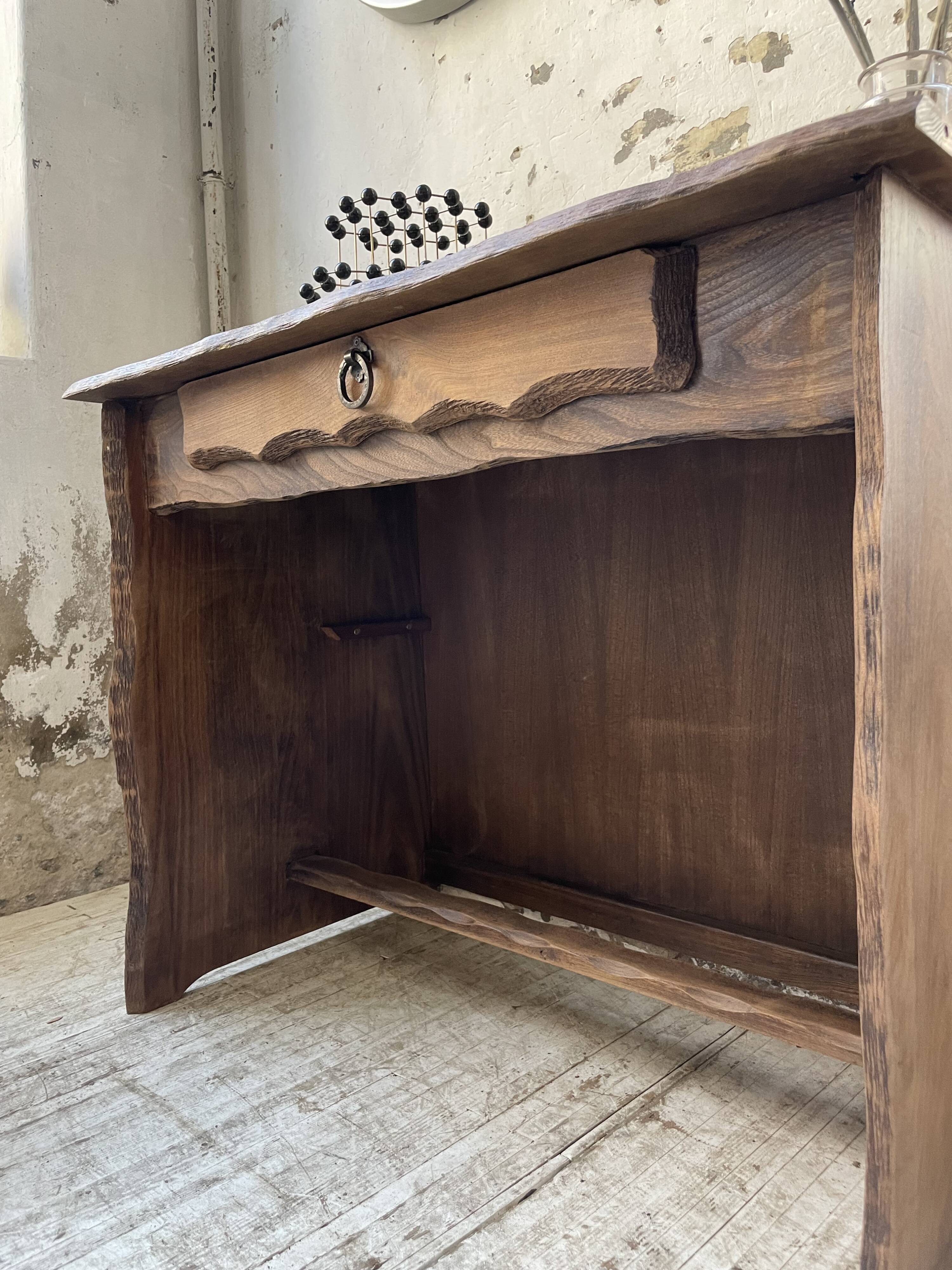 Brutalist desk in elm, signed Aranjou.