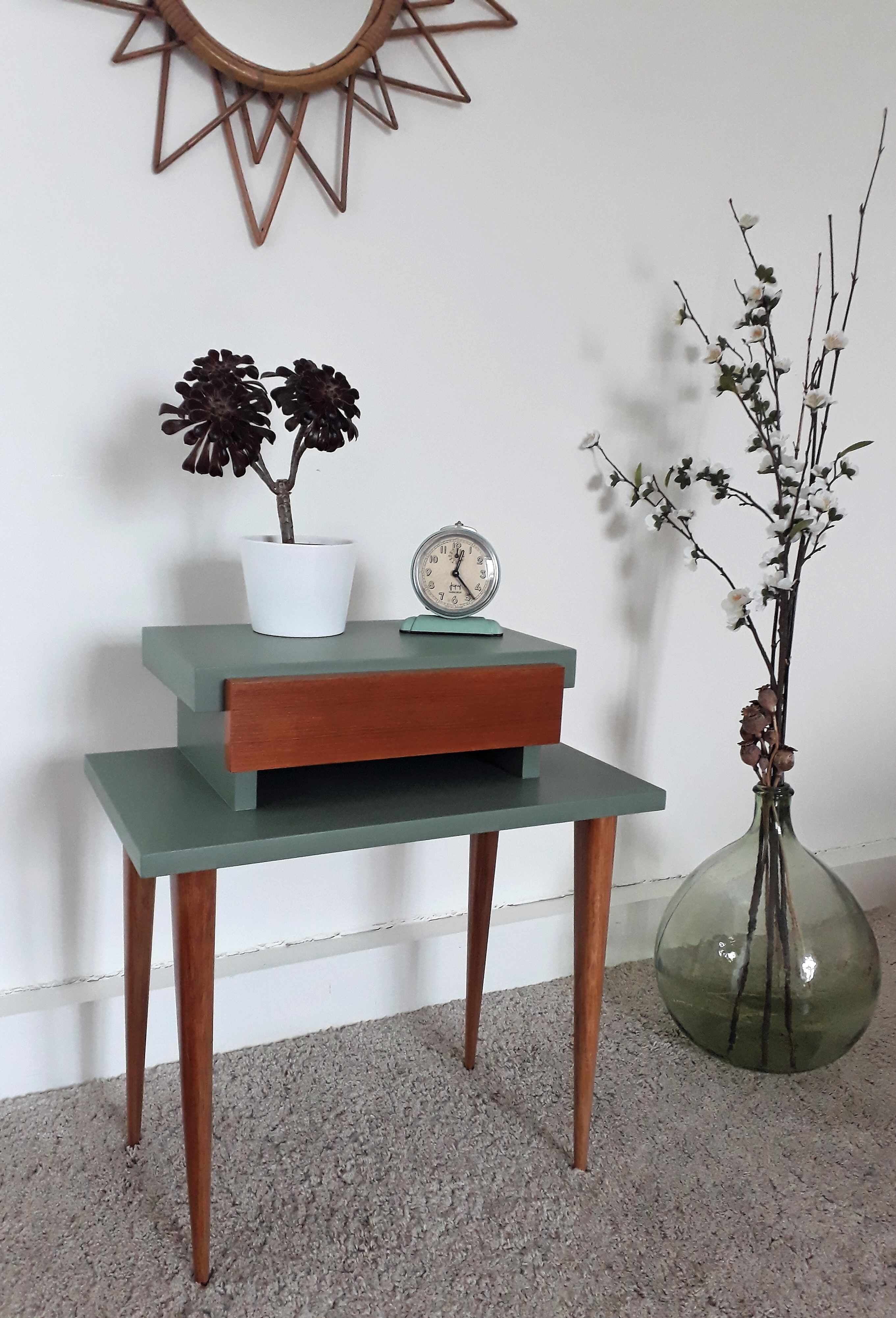 Vintage bedside table from the 1950s in a Scandinavian style revisited in green