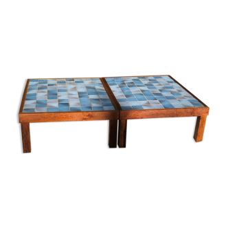 Pair of coffee tables in solid wood and ceramic 1960