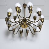Fog & Mørup 18-Arm Brass and Opaline Glass Tulip Chandelier