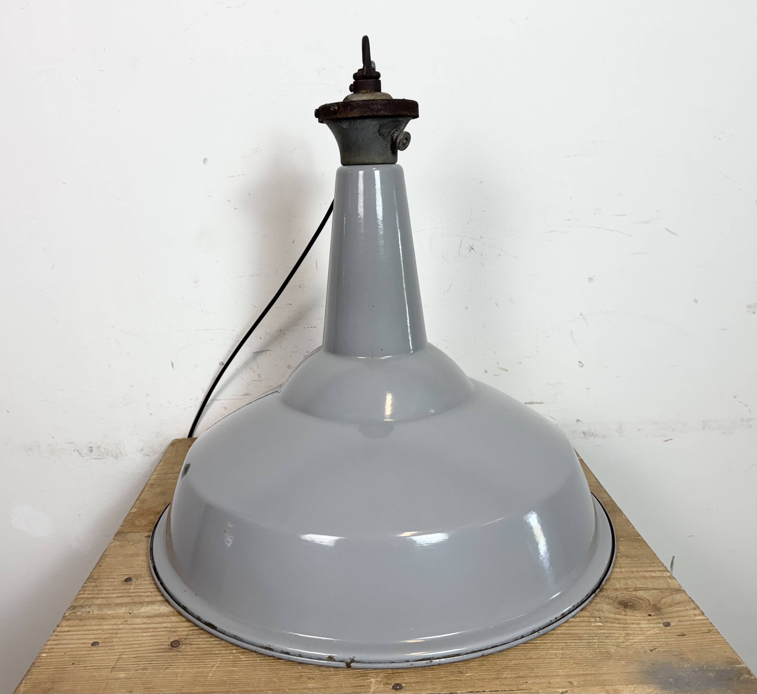 Large Industrial British Grey Enamel Factory Pendant Lamp from Benjamin, 19
