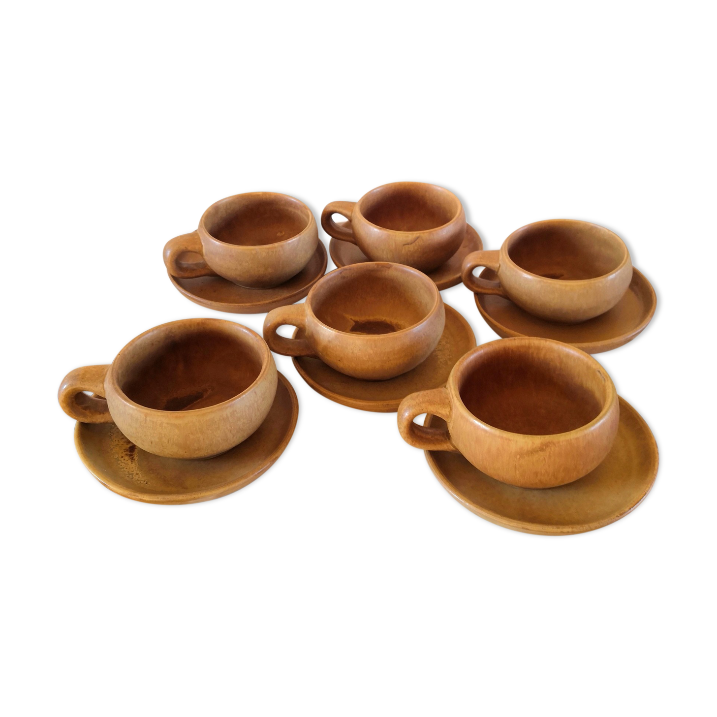 6 saucers and coffee cups in 70s design stoneware