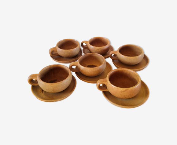 6 soucoupes et tasses à café en grès design années 70