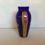Ancien vase en verre bleu et or motif de fleurs