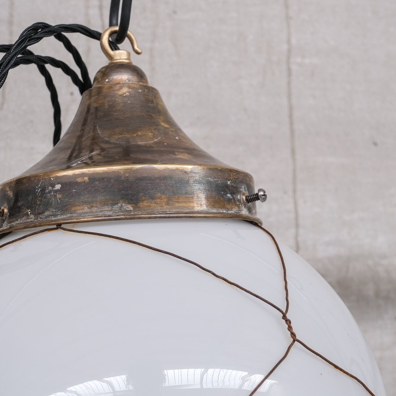 Opaline and brass mid-century caged pendant