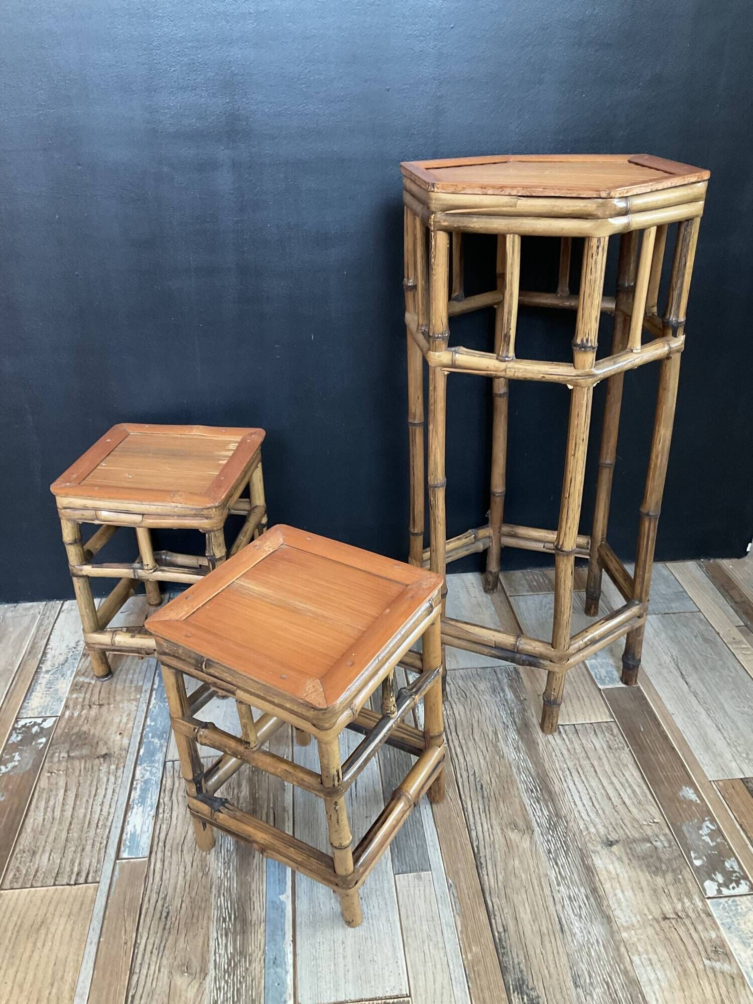 Trio of vintage rattan plant holders in the 60s